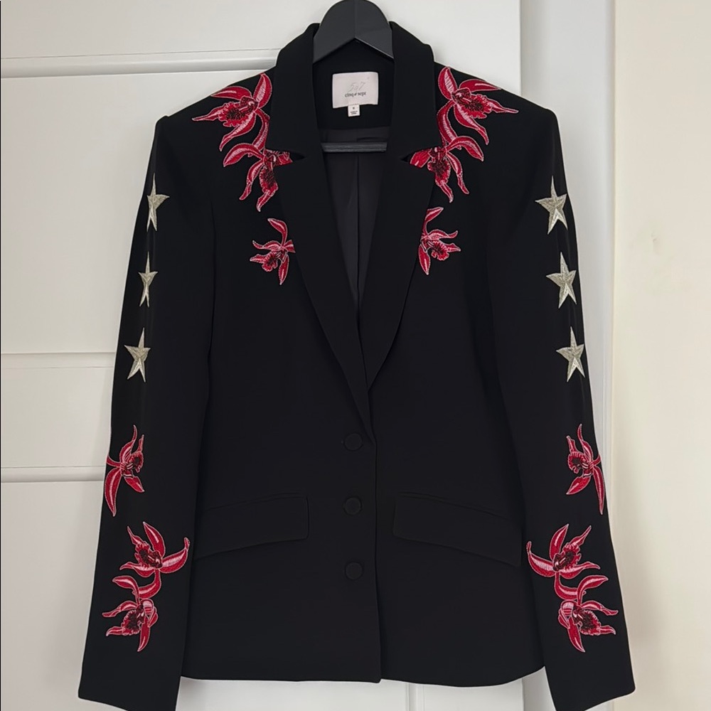 cinq a sept Black Blazer with Pink Embroidered Floral & Silver Star Accents